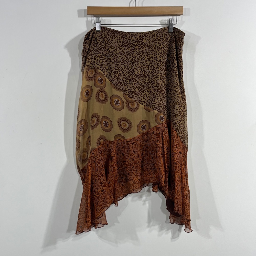 VTG 90s Boho Patchwork Fairy Grunge Silk Asymmetric Midi Skirt Size 14 Hippie